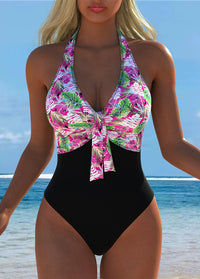 Pink Tropical Leaf Print Halter Swimsuit