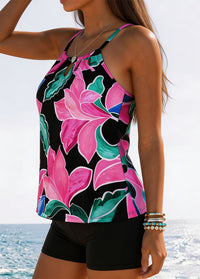 Black Floral Print Halter Tankini Set