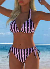 Pink Black Striped Polka Dot Halter Bikini Set