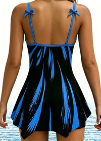 Blue Bow Front Brushstroke Print Swim Dress
