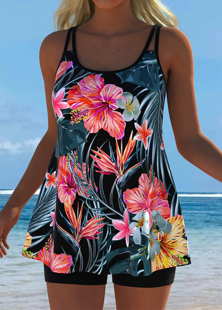 Tropical Hibiscus Print Tankini with Shorts