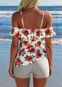Rose Print Halter Off-Shoulder Tankini Set