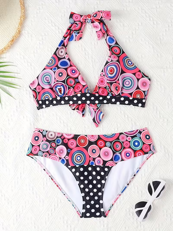 Classic Polka Dot Halter Neck Lace-Up Bikini Set
