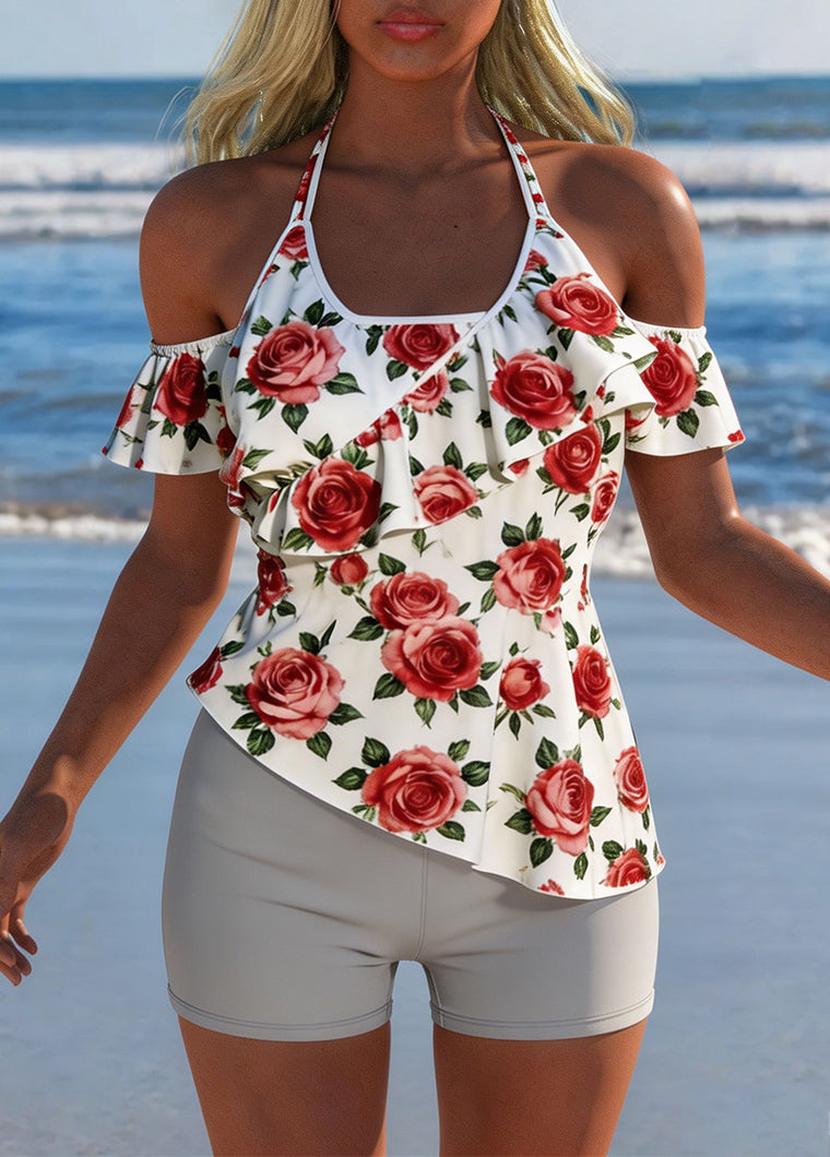 Rose Print Halter Off-Shoulder Tankini Set
