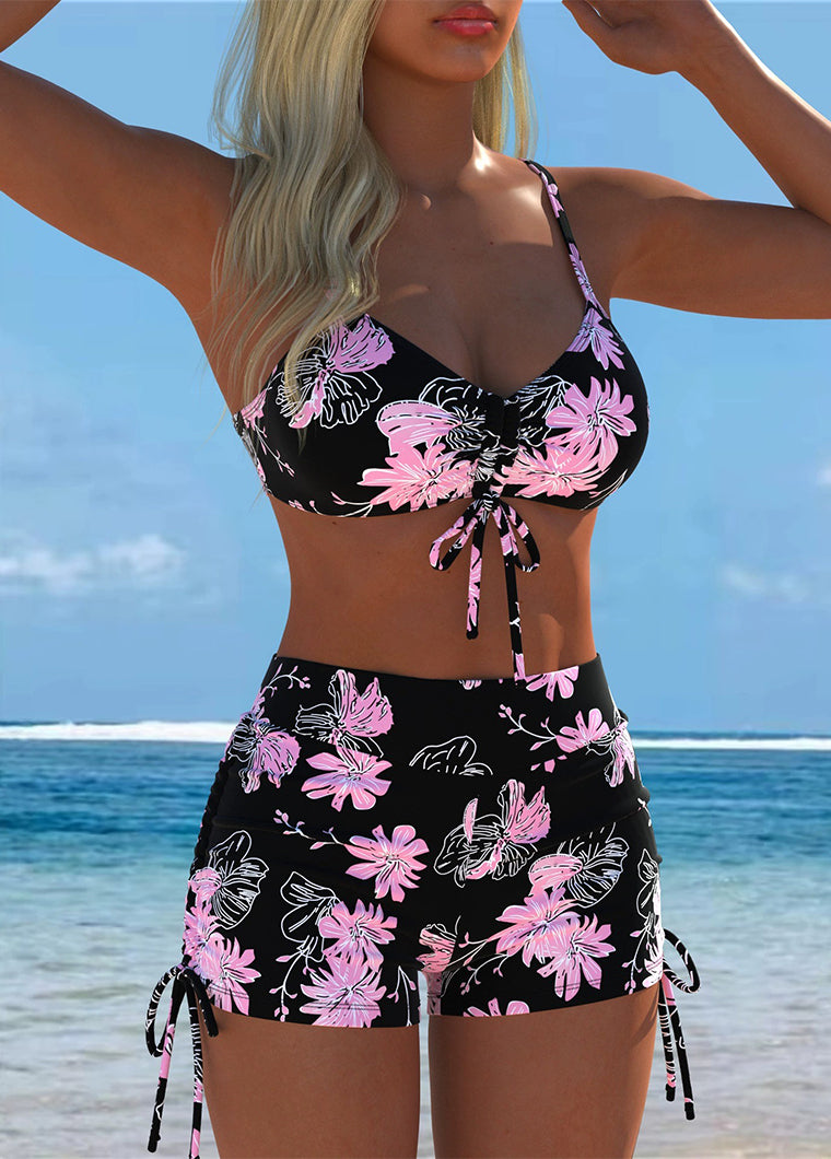 Black Pink Floral Lace-Up High Waist Bikini Set
