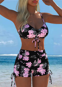 Black Pink Floral Lace-Up High Waist Bikini Set
