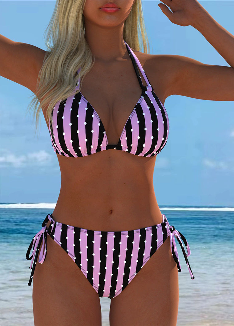 Pink Black Striped Polka Dot Halter Bikini Set