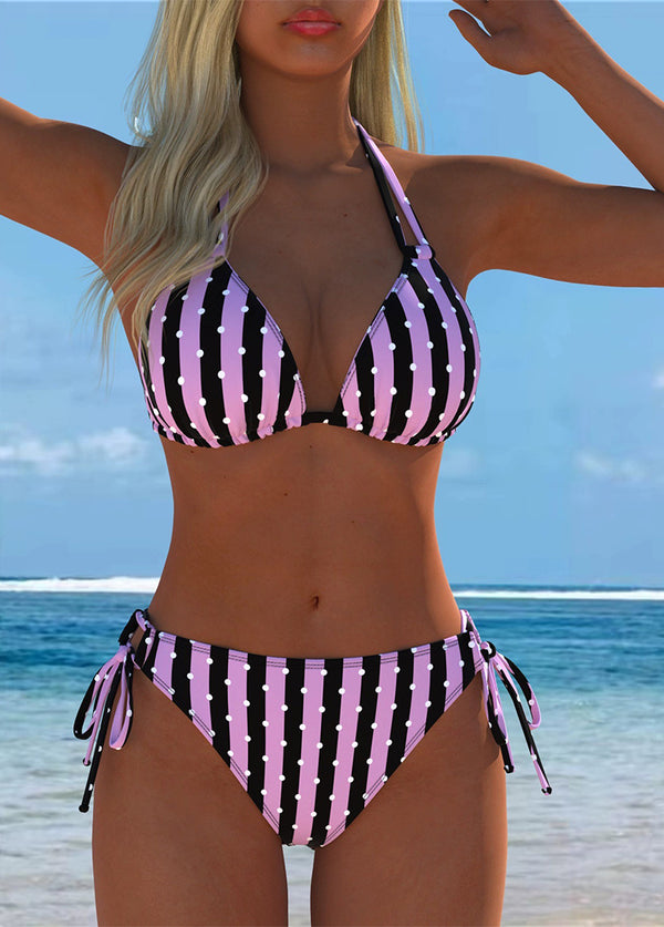 Pink Black Striped Polka Dot Halter Bikini Set