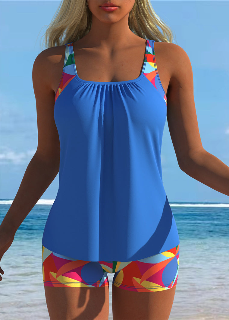 Blue Tankini with Colorful Geometric Swim Shorts