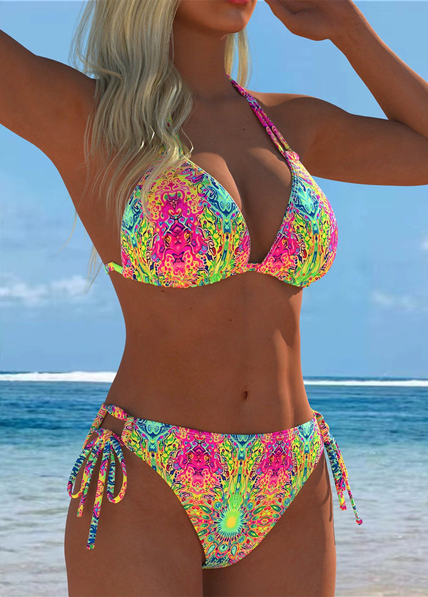 Neon Psychedelic Halter Triangle Bikini Set