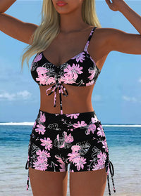Black Pink Floral Lace-Up High Waist Bikini Set