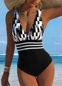 Black White Checkered V-Neck Swimsuit