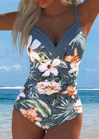 Grey Tropical Floral Ruched One-Piece Swimsuit