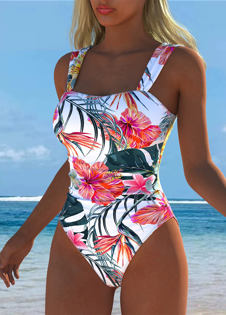 White Tropical Floral Square Neck Swimsuit