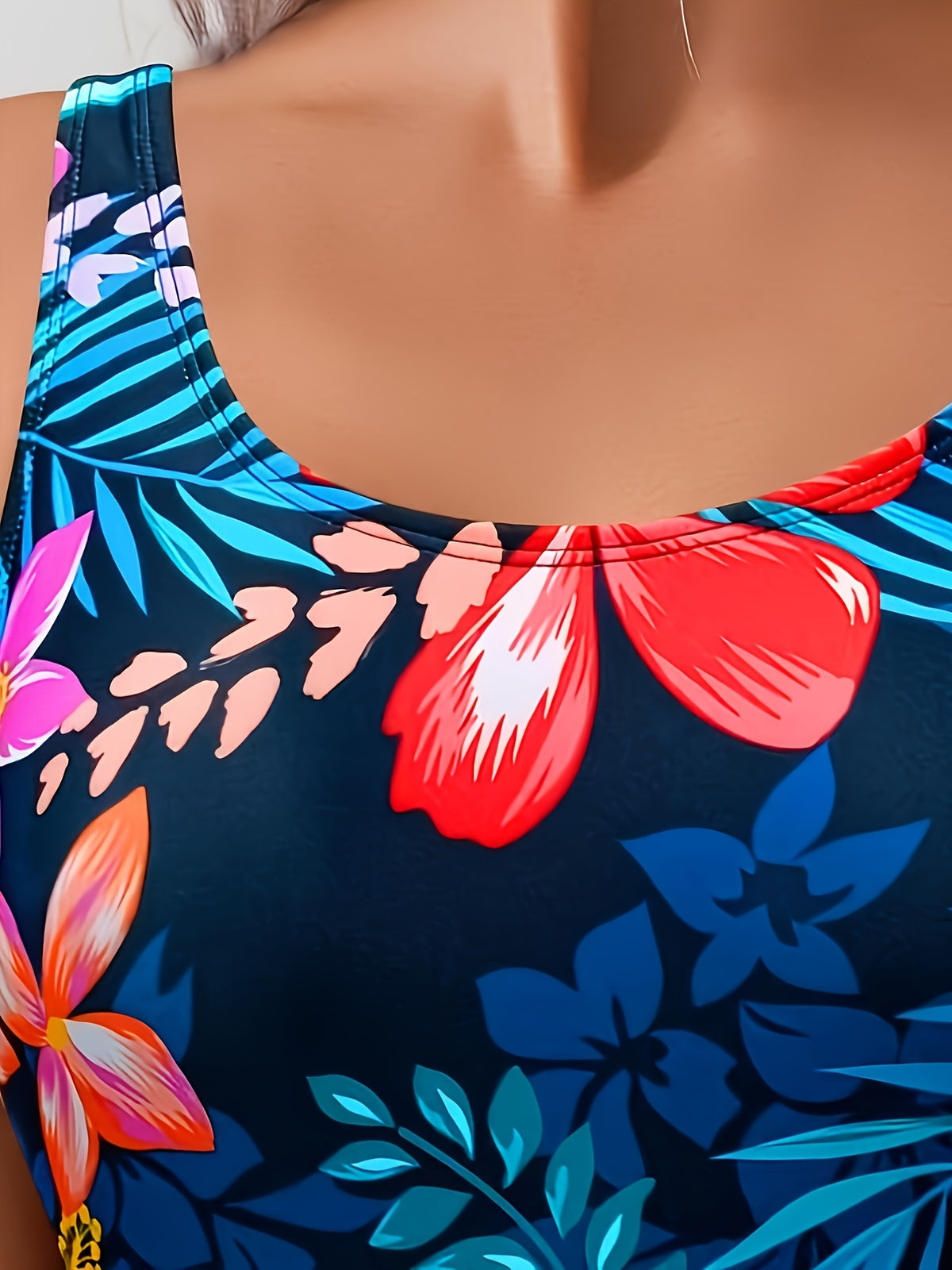 Vibrant Tropical Hibiscus Print One Piece Swimsuit