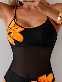 One-Piece Swimsuit with Mesh Patchwork And Floral Print,