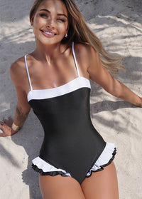 Ruffled Hem Solid Color One-Piece Swimsuit