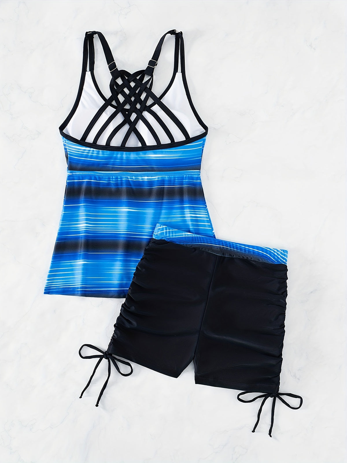 Vibrant Blue Striped Round Neck Tankini Set