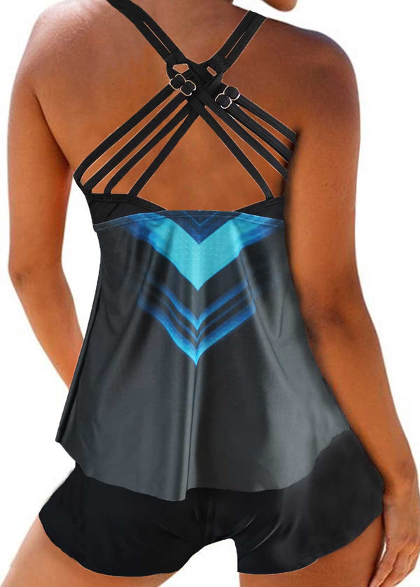 Strappy Back Geometric Print Tankini Set - fashionyanclothes