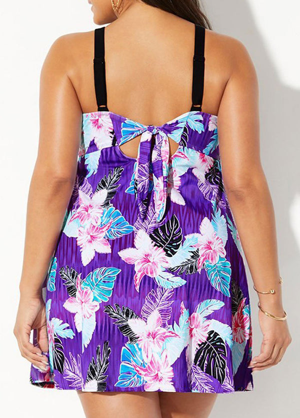 Flower Printed Spaghetti Strap Plussize Swimdress