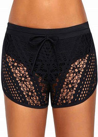 Drawstring Waist Lace Panel Black Swimwear Shorts - fashionyanclothes
