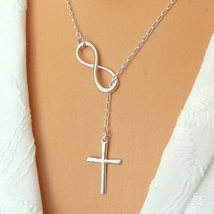 Infinity Shape Cross Pendant Silver Metal Necklace - fashionyanclothes
