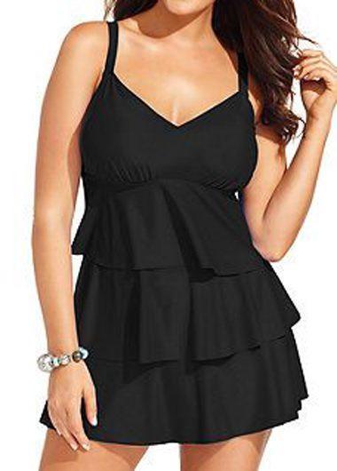 V Neck Layered Solid Black Swimdress - fashionyanclothes