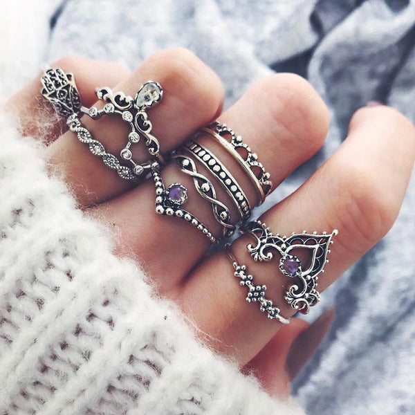 Purple Rhinestone Decorated Silver Metal Ring 10 Set - fashionyanclothes