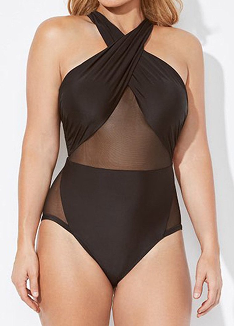 Mesh Panel Black One Piece Swimwear