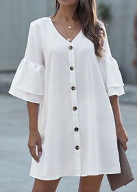 V Neck Button Lantern Sleeve loose dress