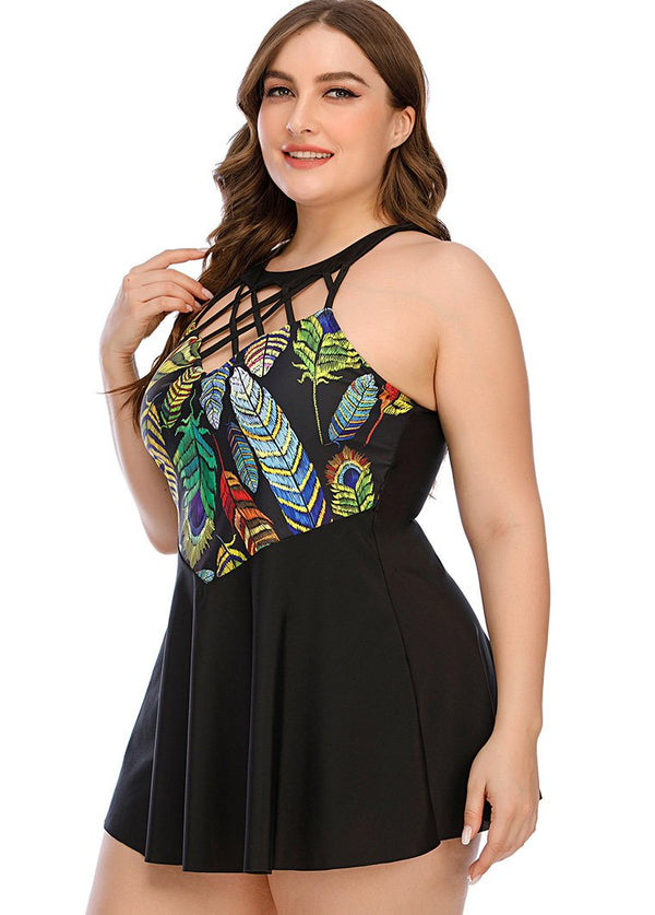 Plus Size Butterfly Print Lattice Front Swimdress and Shorts