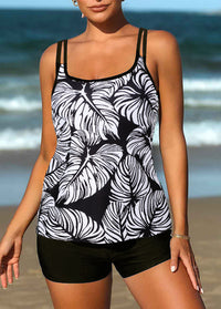 Spaghetti Strap Leaf Print Tankini Set