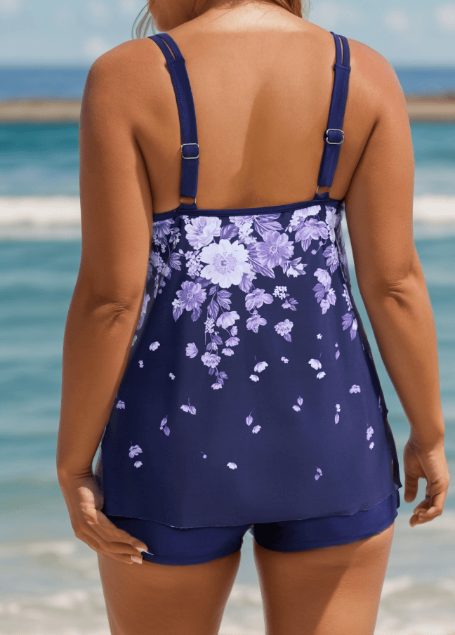 Plus Size Floral Double Strap Printed Two Pieces Swimsuit
