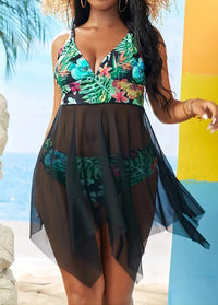 Plus Size Floral Print Contrast Mesh Swimsuit