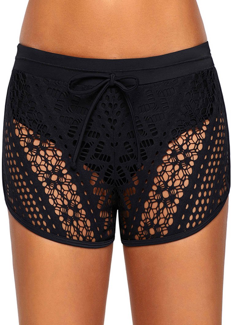 Drawstring Waist Lace Panel Black Swimwear Shorts