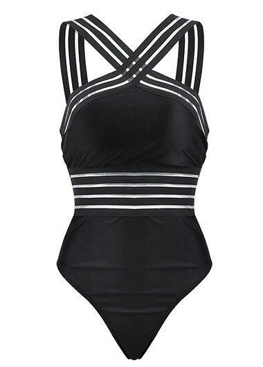 Mesh Panel Spaghetti Strap Black One Piece Swimwear - fashionyanclothes