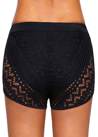Drawstring Waist Lace Panel Black Swimwear Shorts