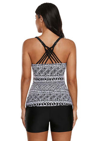 Black Strappy Back Print Tankini Set