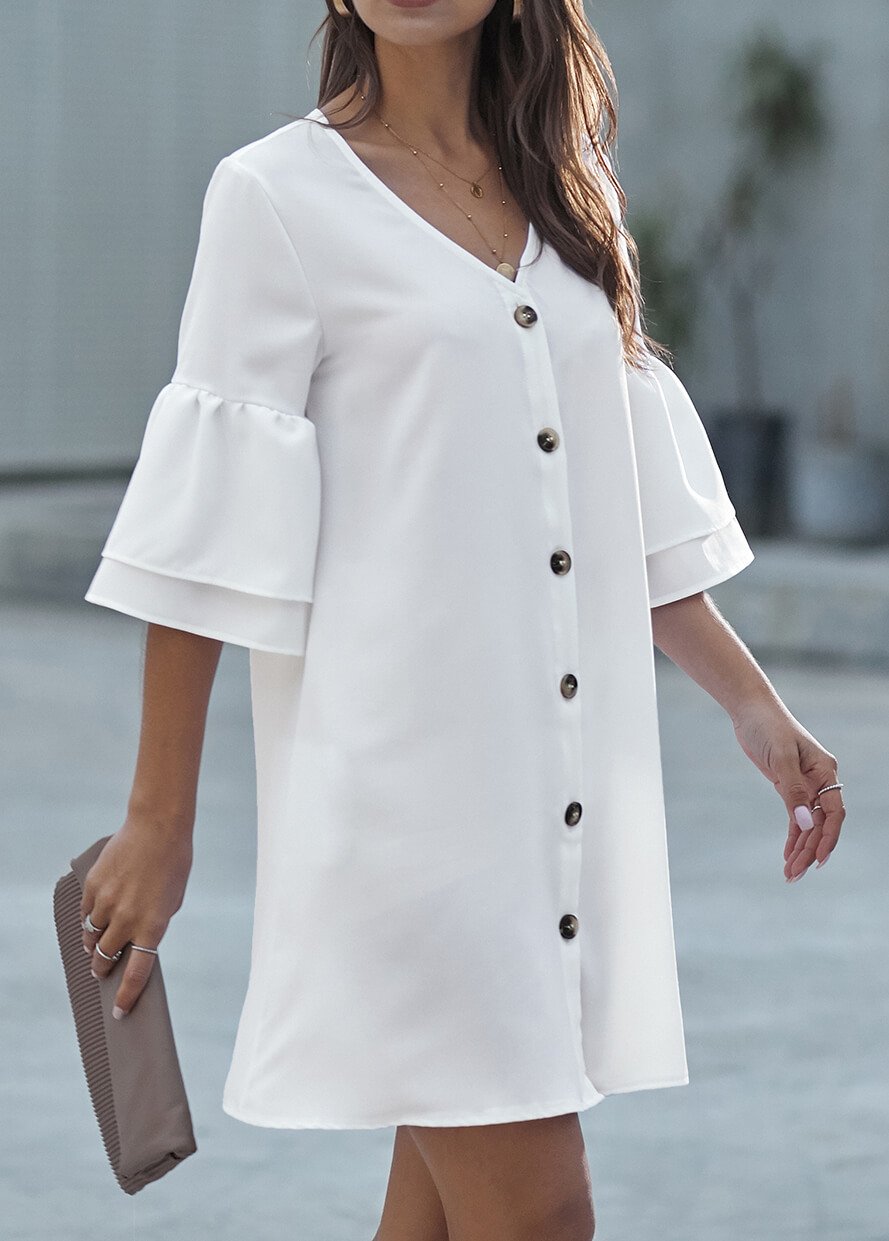 V Neck Button Lantern Sleeve loose dress