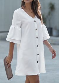 V Neck Button Lantern Sleeve loose dress