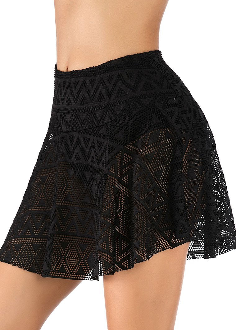 Lace Panel Black High Waist Swimwear Pantskirt