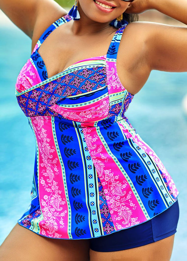 Tribal Print Tie Back Plus Size Tankini Set