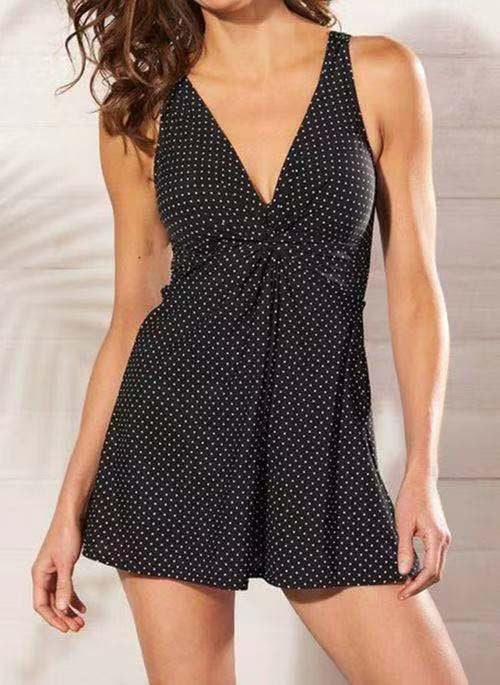 Polka Dot Print V Neck Swimdress and Panty