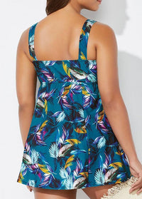 Leaf Print Wide Strap Bowknot Swimdress