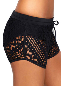 Drawstring Waist Lace Panel Black Swimwear Shorts