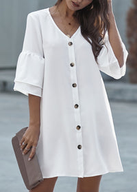 V Neck Button Lantern Sleeve loose dress