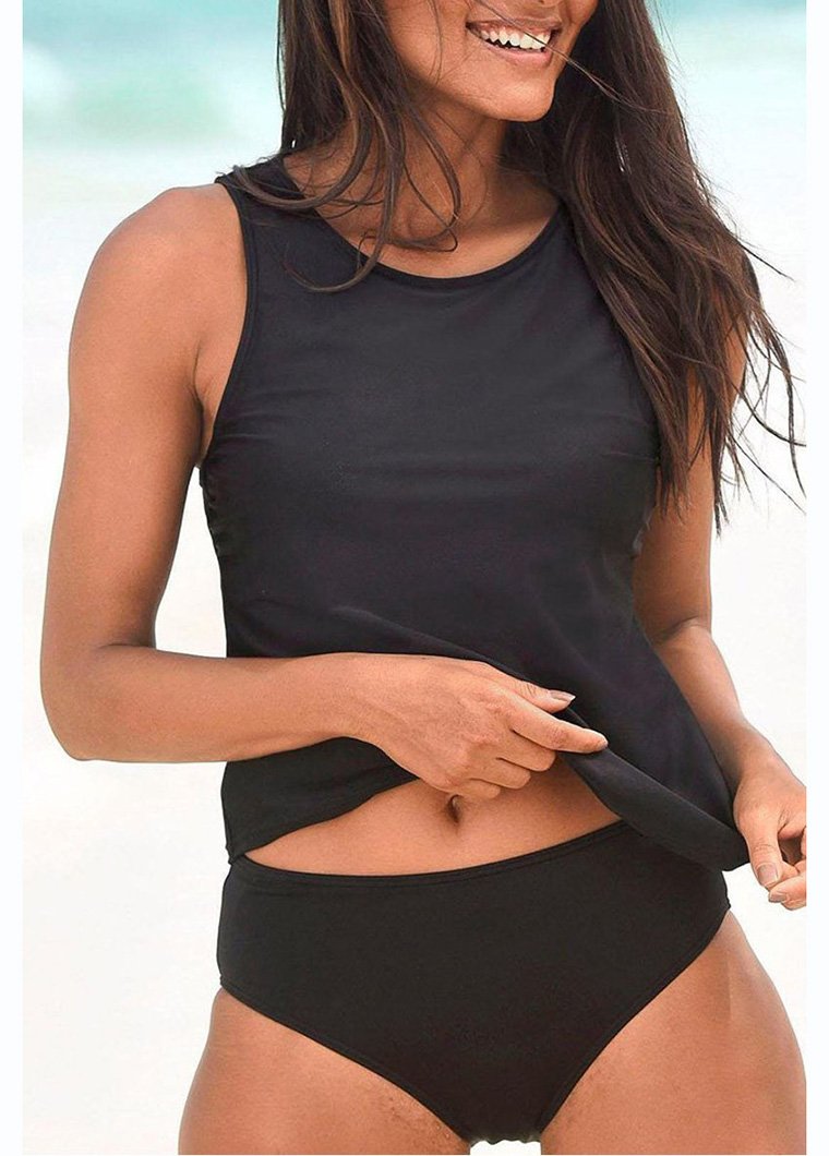 Solid High Neck Strappy Tankini Set