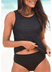 Solid High Neck Strappy Tankini Set