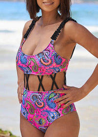Paisley Print Lace Up One-piece Swimsuit