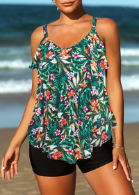 Layered Hem Plant Print Tankini Set